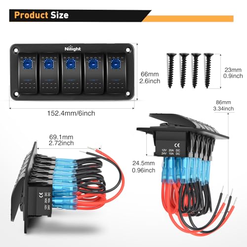 Nilight - 90110E 5 Gang Aluminum Rocker Switch Panel Toggle Dash 5 Pin ON/Off Pre-Wired Rocker Switch Blue Backlit Switch for Automotive Car Marine Boat RV,2 Years Warranty - color: Blue, size: 5 Gang