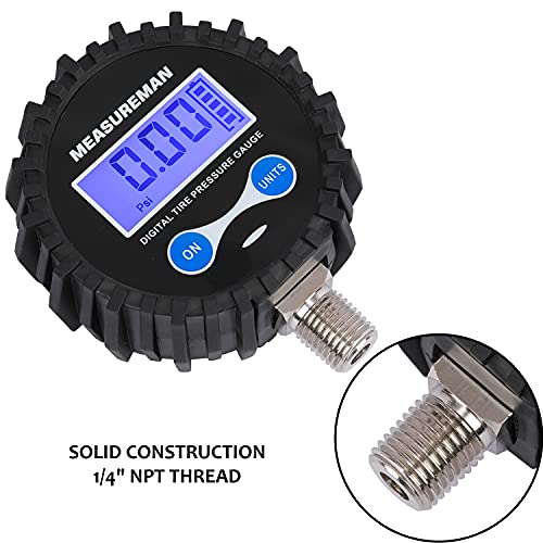 MEASUREMAN 2-1/2" Dial Size Digital Air Pressure Gauge with 1/4'' NPT Bottom Connector and Protective Boot, 0-15psi, Accuracy 1%, Battery Powered (Pack of 2) - size: Long thread (Pack of 2), style: 0-15psi