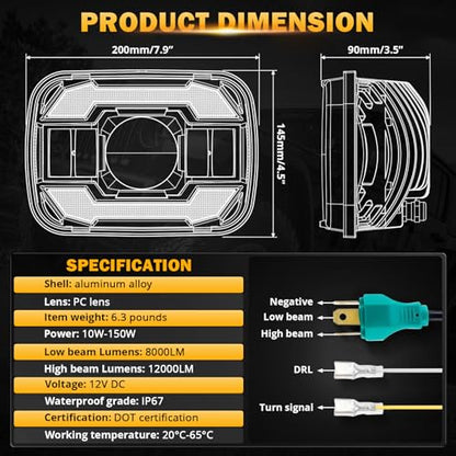 Auxbeam 5x7 7x6 LED Headlights H6054 For Jeep Cherokee XJ Wrangler YJ-Black - color: Black with black frame