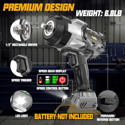 Cordless Impact Wrench 1/2" Compatible with Dewalt 20V Battery, 1600Ft-lbs(2200N.m) High Torque Impact Gun Heavy Duty, Brushless Electric Power Impact Driver with 4 Speed Modes & LED Work Light - size: 1/2" 2200NM Compatibe with Dewalt