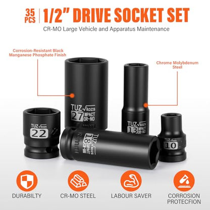 1/2" Drive Impact Socket Set, 35 PCS Shallow (8mm-32mm) & Deep (10mm-32mm) - size: 1/2" Deep&Standard 35pc