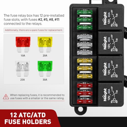 Nilight 12V Fuse Relay Box 4 Relays 4pin 40A 12 Fuses Pre-Wired Block Kit - color: Pre-Wired Box 4 Relay 12 Fuse