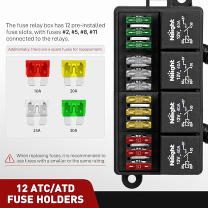 Nilight 12V Fuse Relay Box 4 Relays 4pin 40A 12 Fuses Pre-Wired Block Kit - color: Pre-Wired Box 4 Relay 12 Fuse
