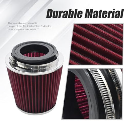 Anxingo Universal Clamp-On Air Filter for 3/3.5/4 inch High Performance Replacement Air Filter, Washable and Reusable Cone Cold Air Intake,Clamp-On Car High Flow Dry Air Kit (Red)