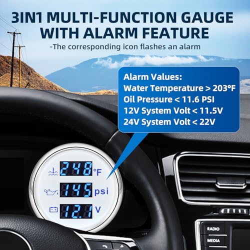 MH Triple Gauge Set - Water Temp (104°F-248°F), Oil Pressure (0-145PSI), Voltmeter (9-32V), Blue Backlight AUTO Gauge with Sensors 2" 52mm 3-in-1 Boat Marine Meter Kit (White) - color: White
