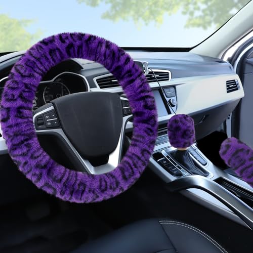 Accmor Fuzzy Car Steering Wheel Cover, Universal Fit Fur Car Wheel Cover & Handbrake Cover & Gear Shift Cover Set, Fluffy Fashion Leopard Print Auto Steering Wheel Protector for Women Girls(Purple) - color: Purple/Dark Leopard