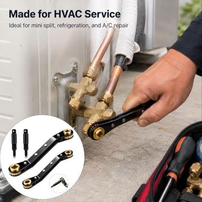 HVAC Service Wrench,3/16"-3/8" 5/16" x 1/4"Valve Wrench with Hex Adapters - style: 2 Wrench + 2 Hexagon Bit(Black)