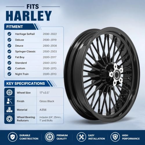 TOFR 17x3.5 Fat Spoke Front Wheel Black For Harley Softail Choppers 00-22 - color: Gloss Black, size: Front:17x3.5
