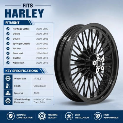 TOFR 17x3.5 Fat Spoke Front Wheel Black For Harley Softail Choppers 00-22 - color: Gloss Black, size: Front:17x3.5