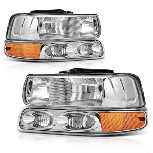 AUTOSAVER88 Headlight Assembly Compatible with 1999-2002 Chevy Silverado 1500 2500/2001 2002 Chevy Silverado 1500HD 2500HD 3500HD/2000-2006 Chevy Tahoe Suburban Chrome Housing Amber Reflector - color: Chrome