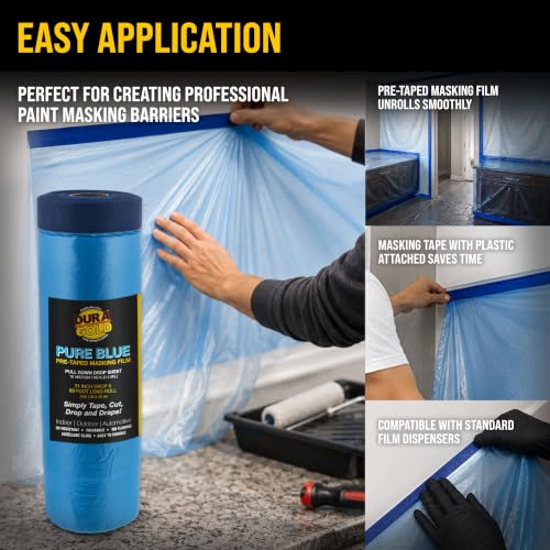 Dura-Gold 71" x 65' Pure Blue Pre-Taped Masking Film, (3 Pack) Painters Plastic Roll (0.4 Mil), Pull Down Drop Sheet, Pre-Taped Plastic Sheeting for Painting Protection on Auto, Walls, Furniture