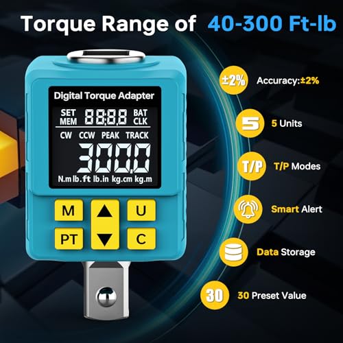 Heavy-duty Digital Torque Adapter, (±1% Accuracy, 40-300Ft-lb), 1/2" Digital Torque Wrench Adapter for Auto, Versatile Meter - Alert | Peak/Track | Preset | Store/Delete, for Machinery Repairs(406N.m) - size: 40-300Ft-lb/54.5-406 Nm