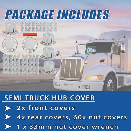 Silscvtt Chrome Semi Truck Hub Cover Wheel Axle Cover Center Caps Complete with 33mm Screw-on Lug Nuts for 22.5 Inches and 24.5 Inches Semi Truck Wheels 2 Front and 4 Rear - size: 2 Front and 4 Rear