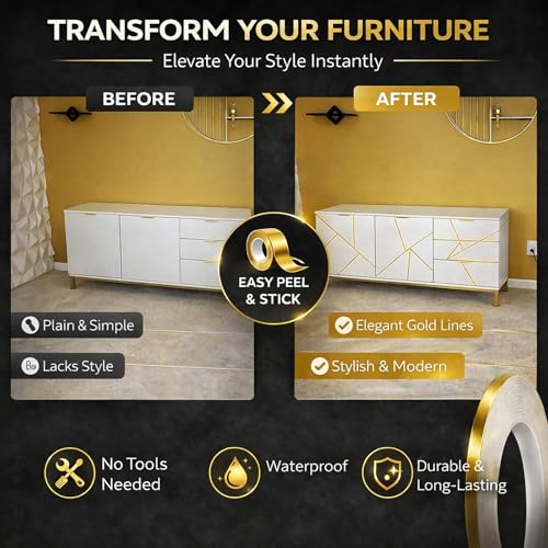 Gold Duct Tape, Metallic Mylar Film Tape, 5mmX 164 Ft. Vinyl Pinstripe Tape for Detailing Accent Wall, Wardrobe, Bathroom, Floor, Tile, Car, Graphic Arts - Stripe Stickers Decals (5mm) - size: 5mm