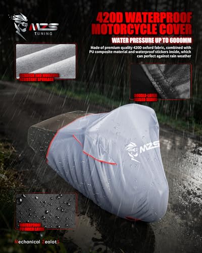 MZS Motorcycle Cover Waterproof Outdoor, Heavy Duty All Season Weather Sun Protection with Storage Bag Vents Night Reflective Cotton Lining Lock Holes fits up to 104" Motorcycles Vehicle Covers