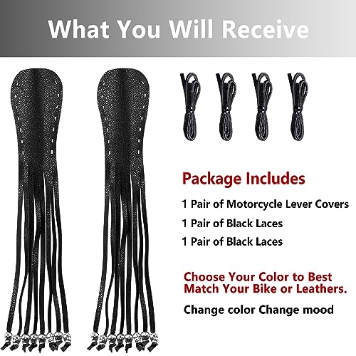 2 PCS Faux Leather Motorcycle Lever Covers with Fringes, Motorcycle Brake Clutch Lever Covers Grip Tassels Motorcycle Handlebar Handle Grip Covers, Fringed Leather Lever Covers Wraps with Skulls - color: Black & Black Laces*1 & Black Laces*1