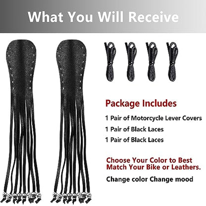 2 PCS Faux Leather Motorcycle Lever Covers with Fringes, Motorcycle Brake Clutch Lever Covers Grip Tassels Motorcycle Handlebar Handle Grip Covers, Fringed Leather Lever Covers Wraps with Skulls - color: Black & Black Laces*1 & Black Laces*1