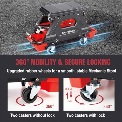 2-in-1 Mechanic Rolling Stool – Detachable Seat with 2 Height Options (High/Low), 300 LBS Heavy Duty Roller Cart, 360° Swivel, Locking Casters & Removable Storage Trays for Garage & Workshop
