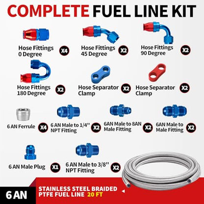 6AN PTFE Fuel Line Kit, Stainless Steel Braided PTFE Fuel Hose 20FT With AN6 Hose End Fitting, Blue & Red - size: 6AN 20FT
