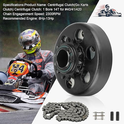 Go Kart Clutch 1" Bore 14T with 3 Feet #40/41/420 Chain, Centrifugal Clutch Fit for Minibike Mini motorcycles 2-6.5HP 212cc Engines, Up to 2300 RPM - size: 1" Bore 14T with Chain