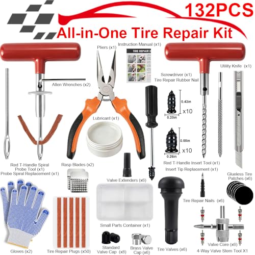 132Pcs Heavy Duty Tire Repair Kit, Professional Tire Plug Kits with Rubber Nails, 50Pcs Plugs, Fix a Flat Puncture Patch Tools for Motorcycle, Car,Truck, ATV, Auto, UTV & Lawn Mower(Tubeless) - size: 132 Piece Set