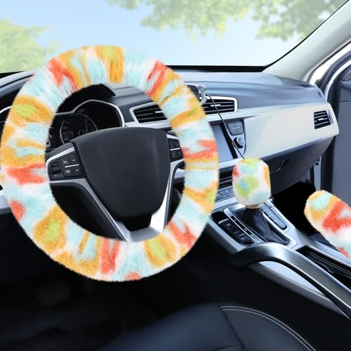 Accmor Fuzzy Car Steering Wheel Cover, Universal Fluffy Auto Wheel Cover & Handbrake Cover & Gear Shift Cover Set, Soft Warm Steering Wheel Protector Car Accessories for Men Women Girls, Colorful - color: Colorful/Colorful Leopard