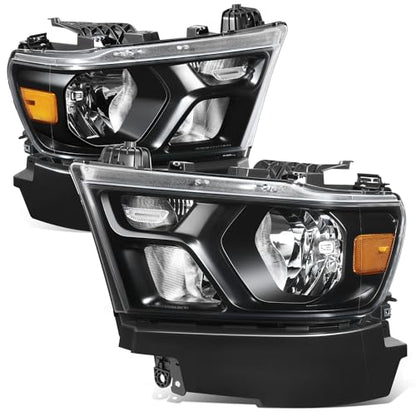 Auto Dynasty Headlights Assembly Compatible with 2019-2024 Dodge Ram 1500, Driver and Passenger Side Halogen Headlamps Replacement, GM2502329 GM2503329, Black Housing Amber Corner - color: Black Amber
