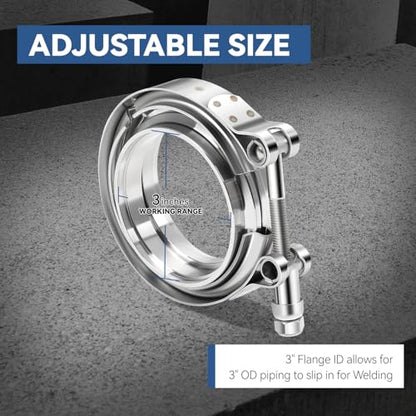 Auto Dynasty 3 Inch V Band Clamp Kits with Male/Female Flanges 304 Stainless Steel for Turbo and Exhaust Systems, Natural Metallic, Pack of 2 - color: Pack of 2, size: 3" OD