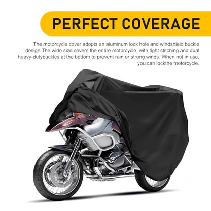 Motorcycle Cover, All Season Universal Weather Waterproof Motorcycle Covers, Sun Outdoor Protection Motorbike Cover with Lock-Holes & Storage Bag, Suitable for 250cc Cruiser Bike (Black)