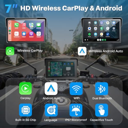 WonVon 7 Inch Wireless Motorcycle Carplay GPS Navigation System with Apple Carplay and Android Auto Portable Screen with Dual Bluetooth, Navigation, Siri, Google Assistant with Magnetic Mount - size: 7 Inch+Magnetic Mount