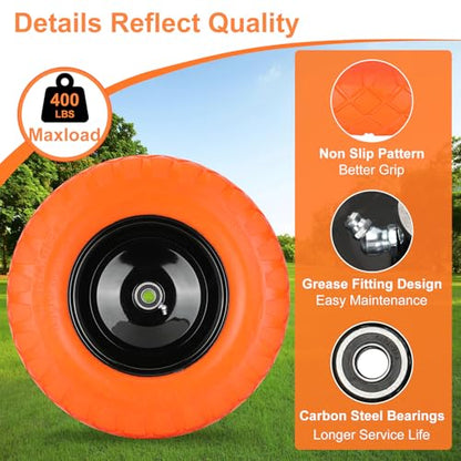 Upgraded 4.80/4.00-8 Flat Free Wheelbarrow Wheels with 5/8" & 3/4" Bearing - color: orange