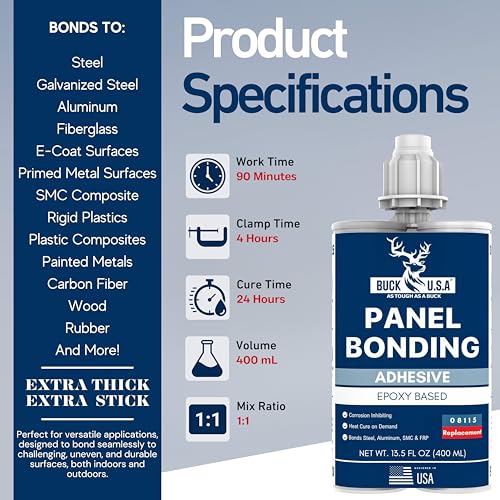 6 Pack Buck Panel Bonding Adhesive, Two-Part Epoxy, 400 ml/13.5 fl oz Cartridge, 08115 Replacement, Heavy Duty Metal Glue for Automotive Use, Bonds w/Steel, Aluminum, Plastic, OEM Recommended, Black - size: Panel Bond (400ml), style: 6 Pack