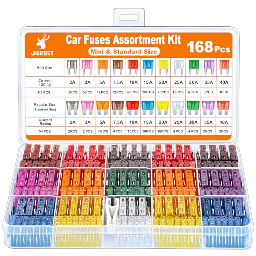Car Fuses 168 Pcs, JOREST Assortment Kit, 114 Mini Blade Fuses Automotive + 54 Standard Auto Fuses + 1 Fuse Pullers – for Car/RV/Truck/Motorcycle/Boat (2Amp 3A 5A 7.5A 10A 15A 20A 25A 30A 35A 40A) - style: 168Pcs Mini & Standard