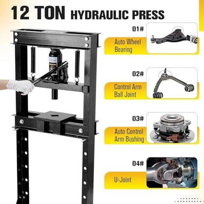 12 Ton/26000lbs Shop Press, Hydraulic H-Frame, Movable Plates, Adjustable Height, Safety Relief Valve