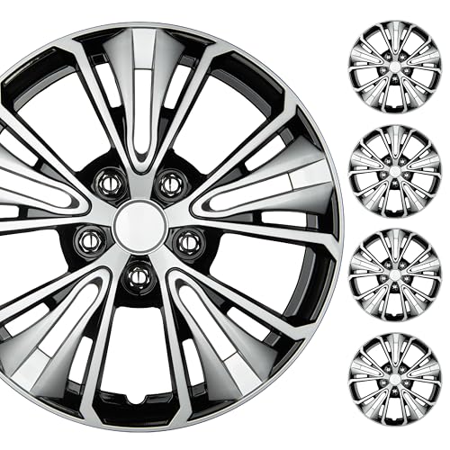 BDK 16 Inch Hubcaps Set of 4 – OEM Replacement Snap-On Wheel Rim Covers - Universal Fit Car Wheel Cover for Cars, Trucks, SUV, Vans Durable ABS Black & Silver 5-Spoke Hub-Cap Car Accessories Exterior - color: Black & Silver 5