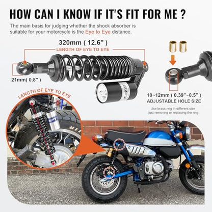 12.6" Universal Motorcycle Rear Air Shock Absorbers 320mm for HONDA - color: Black