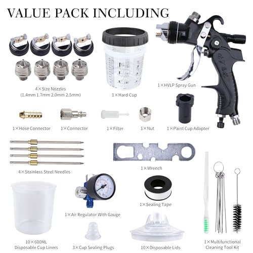HVLP Spray Gun Kit, 4 Nozzles,10 Disposable Paint Cup System,Black - color: black
