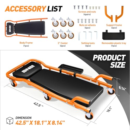 DNA MOTORING TOOLS-00272 Rolling Car Creeper with 3-leves Adjustable Headrest & 6 Casters,300lbs Max Weight Capacity,Orange - color: Orange