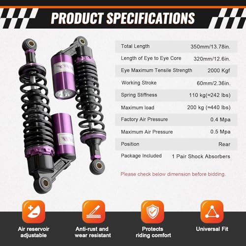 320mm 12.6" Universal Rear Air Shock Absorbers Suspension for HONDA - color: Purple