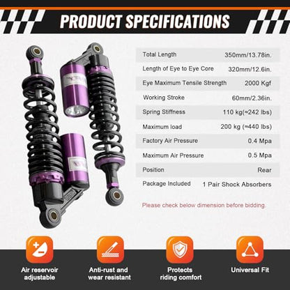 320mm 12.6" Universal Rear Air Shock Absorbers Suspension for HONDA - color: Purple