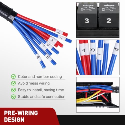 Nilight 12V Fuse Relay Box 6 Relays 4pin 40A 11 Fuses Pre-Wired Block Kit - color: Pre-Wired Box 6 Relay 11 Fuse
