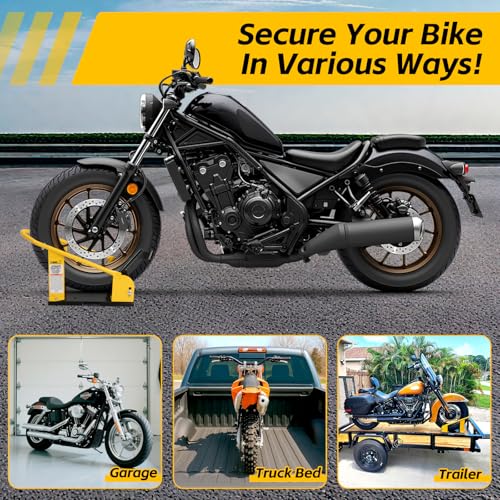 MaxxHaul Adjustable Motorcycle Wheel Chock Stand with Auto-Lock Cradle, Fits 15"–21" Tires – Heavy-Duty Steel Bike Stand for Trailer, Garage & Truck Bed, Includes Mounting Hardware – 70075 - color: Yellow