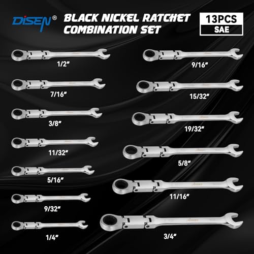 DISEN Ratchet Wrenches Set 13pcs, Double Jointed Flex Head Ratcheting Wrench Set, SAE 1/4'' -3/4'', Open End Long Combination Wrench Set, 72-Teeth, Cr-V Steel, with Heavy Duty Case - size: 13pc SAE Set