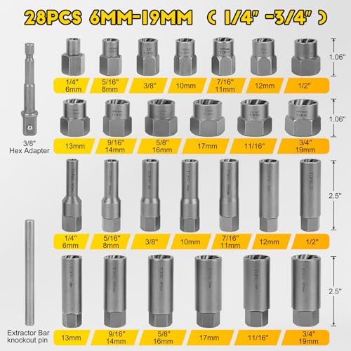 Topec Deep Bolt Extractor Set 28PCS, 3/8" Drive Stud Remover kit - color: 28pcs