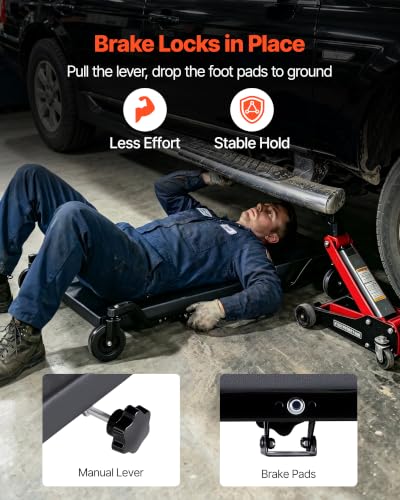 VEVOR 40 in Mechanic Creeper with 4 Large Wheels, 400 lbs Low Profile Under Car Garage Roller, Rolling Creeper with Raised Headrest, Manual Brake for Auto Repair - color: 40 inch with 4 wheels