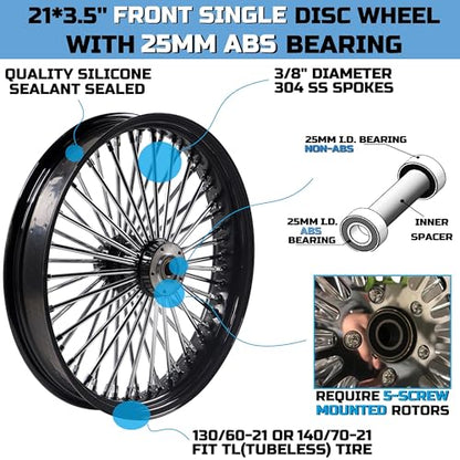 FatFlex Front Wheel for Harley Softail Slim Fat Boy Dyna 21” x 3.5” - color: 21*3.5'', Black+Chrome+Black