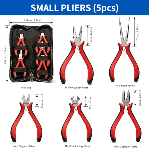 5 pcs mini pliers set, small pliers set includes pointed nose, long nose, oblique nose, flat nose and wire cutters with storage bag, suitable for electronic repair and jewelry, DIY tools