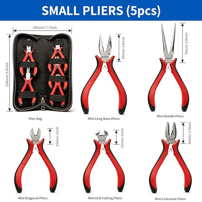 5 pcs mini pliers set, small pliers set includes pointed nose, long nose, oblique nose, flat nose and wire cutters with storage bag, suitable for electronic repair and jewelry, DIY tools