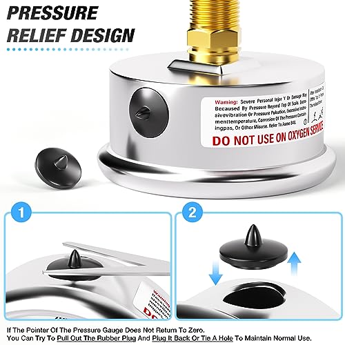 MEANLIN MEASURE -30inHG~60Psi Stainless Steel 1/4" NPT 2.5" FACE DIAL Vacuum Pressure Gauge, Center Back Mount, 1/2" NPT and 3/8" NPT Hex Bushing - size: -30inHG-60Psi