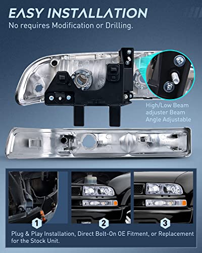 Nilight Headlight Assembly for 1998 1999 2000 2001 2002 2003 2004 2005 Chevy Blazer Headlights 1998-2004 Chevrolet S10 Pickup Replacement Headlamp Housing Bumper Lights - color: Chrome Housing + Amber Reflector